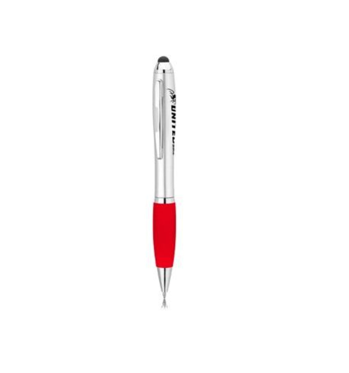 PLUMA PLÁSTICA CUERPO METALIZADO PLATEADO CON GRIP DE COLOR