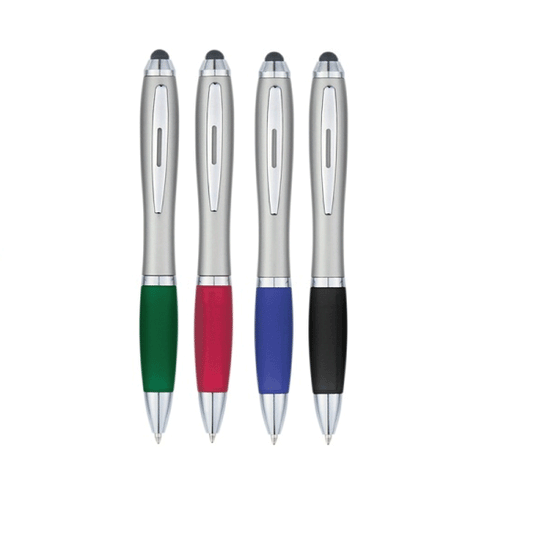 PLUMA PLÁSTICA CUERPO METALIZADO PLATEADO CON GRIP DE COLOR