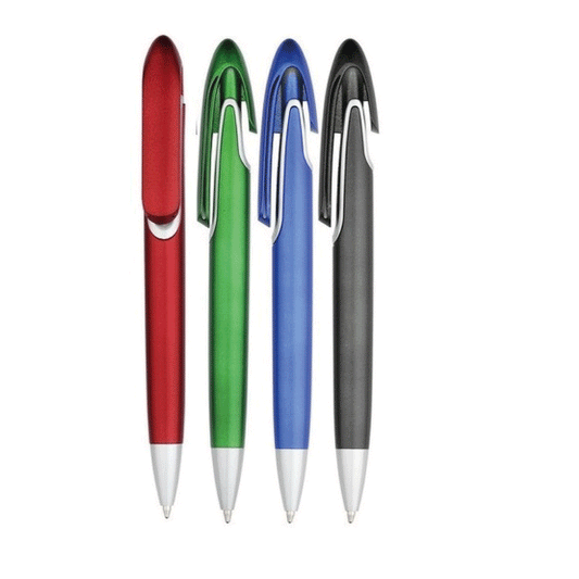 PLUMA PLÁSTICA METALIZADA CON CURVA EN PARTE SUPERIOR