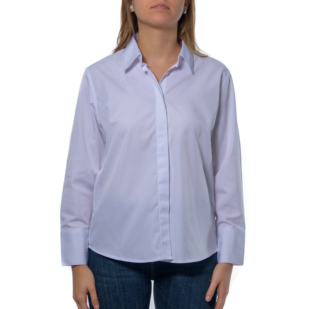 CAMISAS LISA MANGA LARGA DE MUJER CON BOTÓN TAPADO TIPO COLUMBIA