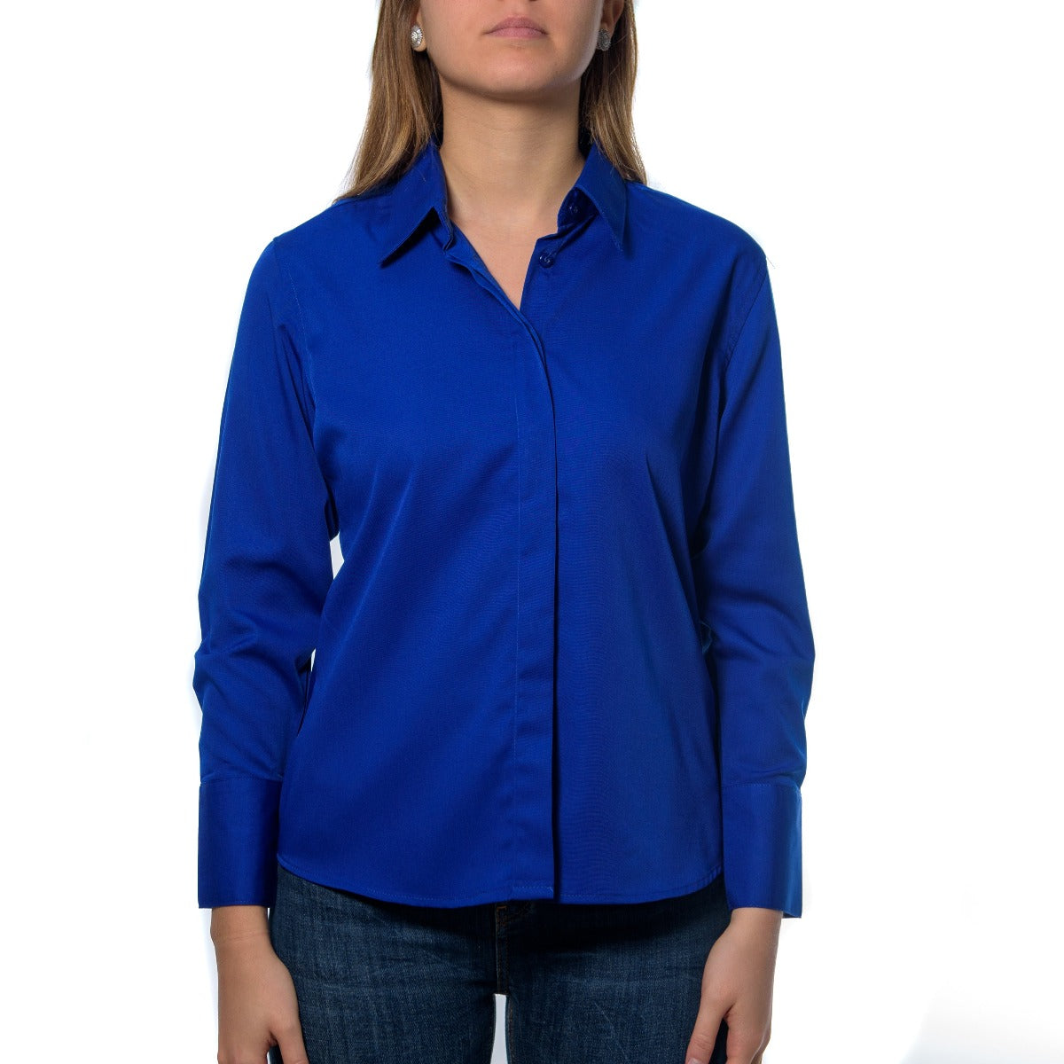 CAMISAS LISA MANGA LARGA DE MUJER CON BOTÓN TAPADO TIPO COLUMBIA