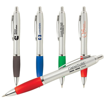 PLUMA CON GRIP ACOLCHADO DE COLOR Y CUERPO PLATEADO
