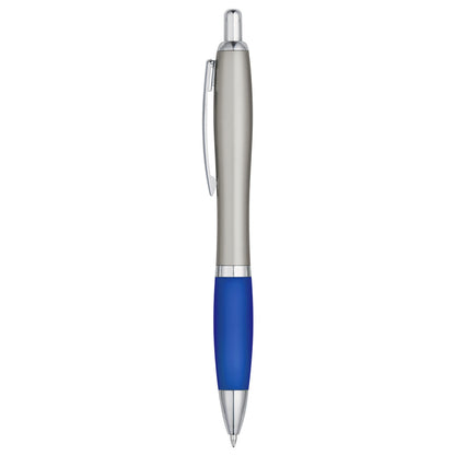 PLUMA CON GRIP ACOLCHADO DE COLOR Y CUERPO PLATEADO